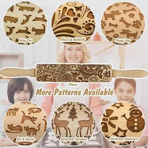 Various wooden engraved rolling pins with cat, floral, dog, heart, reindeer, and snowman patterns, displayed in a baking setting.