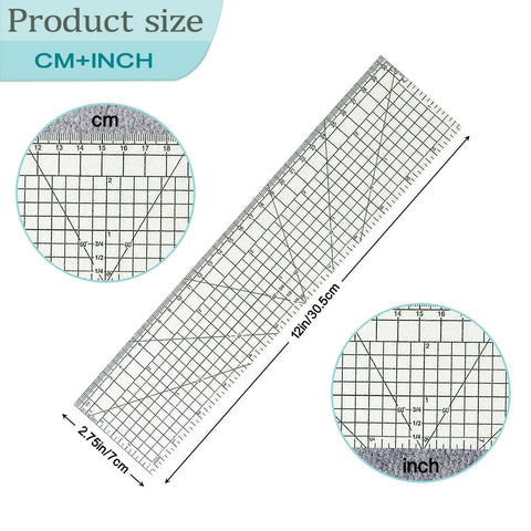 HLZC 2 Piece Hem Ruler Set For Quilting And Pressing Hems Clear Grid Markings Non-Slip Hot Iron Template Tool For Home Sewing Projects 12 inch ruler with cm and inch markings.