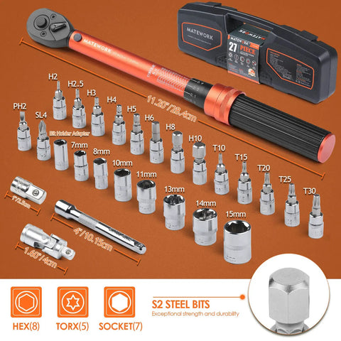 Quarter Inch Drive Torque Wrench Kit With 27 Piece Bike Tool Set Pro Grade Build High Precision 0.1Nm Double Scale 1-25Nm Range, Hex Torx Sockets