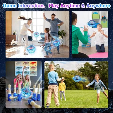 Kids and adults playing with Hand Controlled Flying Orb Ball Toy With RGB Lights indoors and outdoors, focus on blue spinner globe.