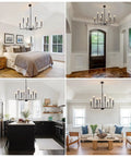 Four settings featuring Six Light Black Farmhouse Chandelier with Candlestick Arms for Dining Room, Living Room, Kitchen, and Foyer.