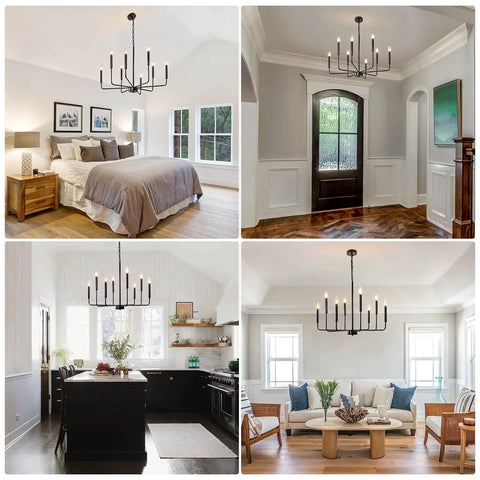 Four settings featuring Six Light Black Farmhouse Chandelier with Candlestick Arms for Dining Room, Living Room, Kitchen, and Foyer.