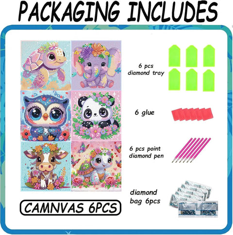 Image showing Six Pack 5D Cartoon Diamond Painting Kits For Kids Beginners With Cute Animals, including canvas, diamonds, pens, trays.