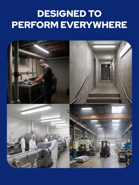 2ARS15 ALP Go-To Vapor Tight Light Covers illuminating various industrial and workspace settings.