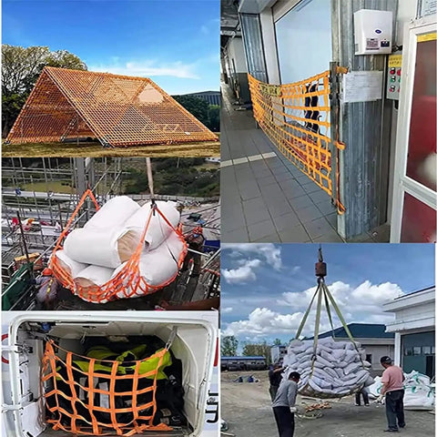 Beefy Heavy Duty Cargo Hoisting Net for Material Handling Polyester Lifting Net with Extended Corner Slings in use on-site