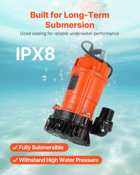 Beast Submersible Trash Pump 2000 GPH At 120V With Cast Iron Body 2 Inch Discharge And 39 Foot Max Lift shown underwater IPX8 rated