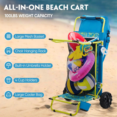 Two In One Beach Cart With Big Wheels For Sand Folding Utility Wagon With Chair Holder Cooler Bag Mesh Storage Palm Print