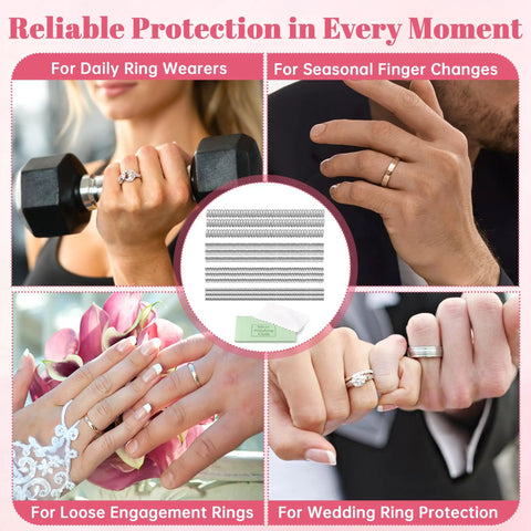 Invisible Ring Size Adjusters For Loose Rings, 12 Pack Clear Ring Guards, shown in different ring-wearing scenarios