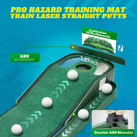 Indoor And Outdoor Golf Putting Mat With Realistic Green Speed And Dual Hazard Velvet Surface Ball Return 8ft Practice Putting Mat For Home And Office Includes Ball Return Track Interchangeable Backboards Lightweight ABS Great Gift For Golfers showing ABS backboards and ball return track