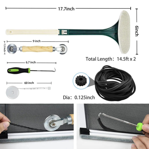 Pet Proof Window Screen Repair Kit With Extendable Cleaning Tool And Thickened Screen Replacement Spline Tool Set, tools and measurements shown.