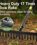 Tough-As-Nails 17 Inch Metal Bow Rake with steel tines on soil showing durability for yard cleanup and garden landscaping