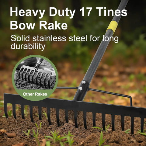 Tough-As-Nails 17 Inch Metal Bow Rake with steel tines on soil showing durability for yard cleanup and garden landscaping