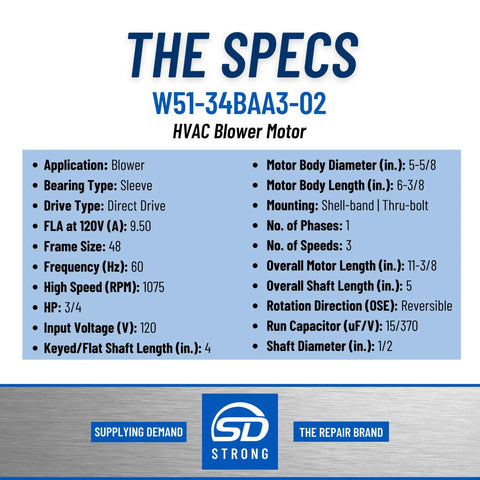 Spec sheet for HVAC Blower Motor Replacement Three Quarters HP 1 Phase Three Speed 120 Volt 1075 RPM Model Specific Not Universal