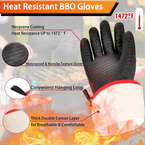 Heavy Duty BBQ Gloves 14 Inch Heat Resistant Mitts With Arm Guard Up To 1472 Fahrenheit Waterproof And Oil Resistant features