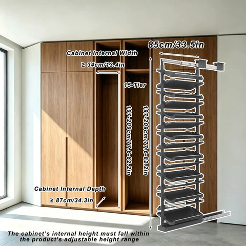 Smooth Glide Vertical Pull Out Shoe Rack For Closet And Cabinet, Sliding Under Stair Kick Locker, Tight Fit Hero For Daily Sneakers, Height Adjustable 15 Tier Telescopic System, Zero Fuss Setup with cabinet measurements.