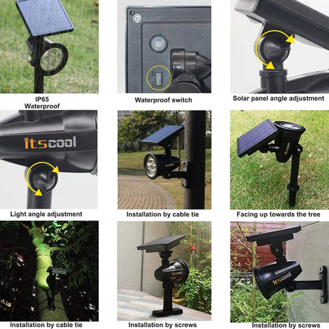 Multiple views of Solar Spotlight With Remote Control, 9 Color Auto Change Or Fixed Modes For Yard, with adjustment features.