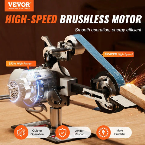Heavy Duty Belt Grinder Sander With Smooth Operator Variable Speed VFD And 550 Watt Motor showing high-speed brushless motor for knifemaking.