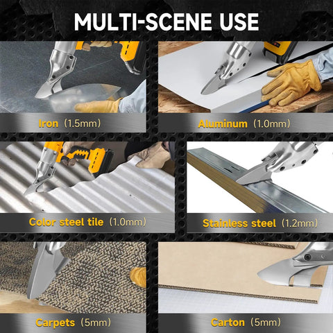 Cordless Sheet Metal Shear For 20V Max Batteries, Brushless 14 Gauge Cutter With 360 Degree Rotating Head shown cutting various materials.
