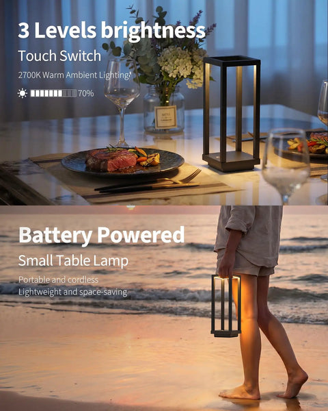 Cordless Waterproof Table Lamps Set of 2 Black Outdoor Go-To Rechargeable Desk Lamps in dinner and beach setting