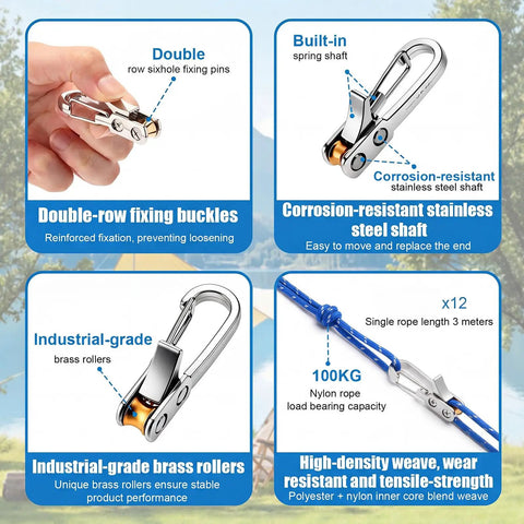 12 Pack Rope Tightening Tools With Locking Tensioners Set For Camping Boating Tents And Vehicle Cargo Heavy Duty Nylon Paracord Adjusters 10 Ft Ropes Blue features and components including stainless steel parts and blue nylon rope.