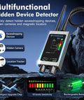 Multifunctional device detector for eavesdropping, hidden cameras, location trackers with LED indicators and flexible probe.