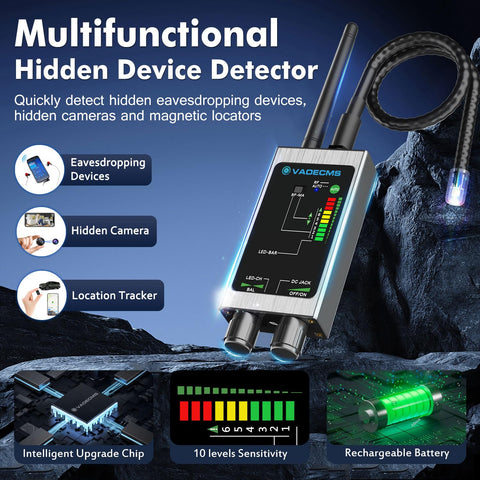 Multifunctional device detector for eavesdropping, hidden cameras, location trackers with LED indicators and flexible probe.