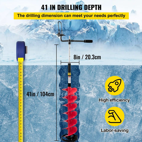 Illustration of 8 Inch Nylon Ice Fishing Auger Kit With 14 Inch Extension Rod And Drill Adapter, 41 Inch Overall Length