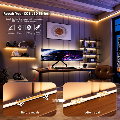 Example of 8mm COB LED Strip Connector Kit With Transparent Gapless Connectors Dual End Adapters in a home office setup