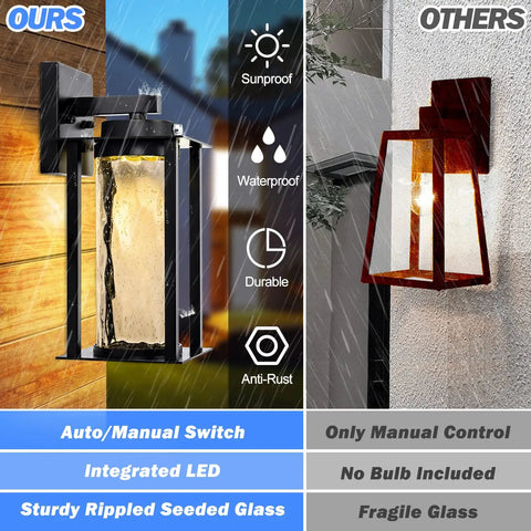 Comparison of dusk to dawn outdoor porch lights 2 pack with photocell sensor vs others, showing durability and features.