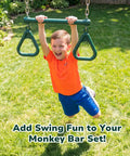 Child playing on 3 In 1 Monkey Bars Set With Gymnastics Bars And Trapeze Swing For Backyard Fun, heavy duty metal frame, grass yard