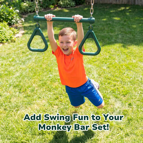 Child playing on 3 In 1 Monkey Bars Set With Gymnastics Bars And Trapeze Swing For Backyard Fun, heavy duty metal frame, grass yard