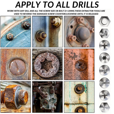 Assorted rusted and stripped screws showing usage for 6 Piece Broken Screw Extractor Set With Double Ended Drill Bits HSS Tool Kit