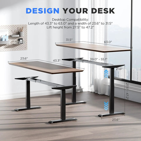 ZTTEN Dual Motor Electric Standing Desk Frame Heavy Duty Black Base Fits 43.3 To 63 In Desktops dimensions illustration