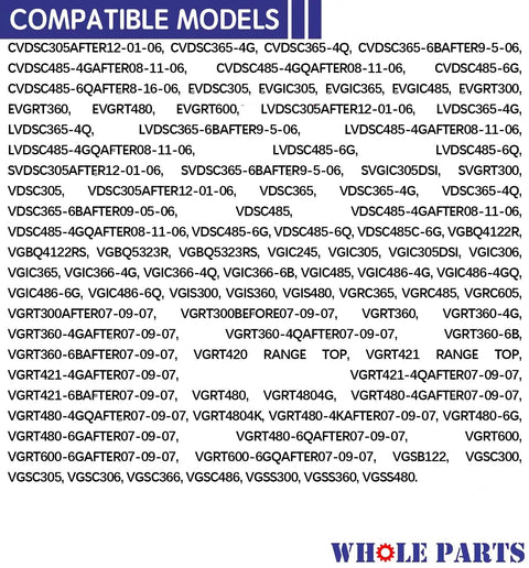 Image showing compatible models list for Upgraded Top Front Burner Assembly Replacement PA080037 for select gas ranges.