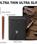 Slim RFID Blocking Leather Wallet For Men Front Pocket Card Holder With Carbon Fiber Look Ultra Thin Bifold Holds Eleven Cards And Fifteen To Twenty Bills Gift Box Included Carbon Black And Orange shown with size comparison