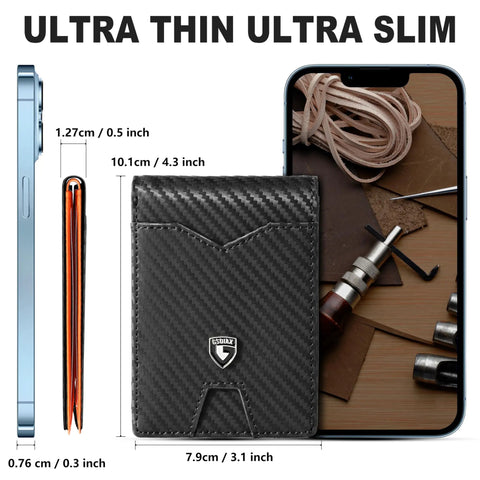 Slim RFID Blocking Leather Wallet For Men Front Pocket Card Holder With Carbon Fiber Look Ultra Thin Bifold Holds Eleven Cards And Fifteen To Twenty Bills Gift Box Included Carbon Black And Orange shown with size comparison