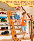 15 Foot Flexible Race Track For Kids That Converts Any Surface Into A Crazy Fast Play Space With Suction Cups Rolls Up Easy Portable Starter Set For One Sixty Fourth Scale Diecast Cars Ages Three And Up Orange And Blue on stairs