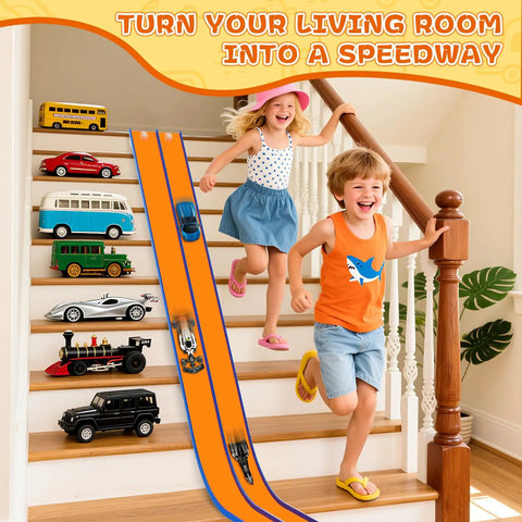 15 Foot Flexible Race Track For Kids That Converts Any Surface Into A Crazy Fast Play Space With Suction Cups Rolls Up Easy Portable Starter Set For One Sixty Fourth Scale Diecast Cars Ages Three And Up Orange And Blue on stairs