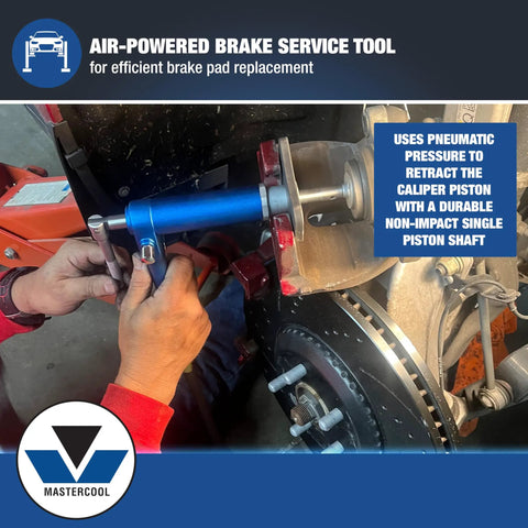 Air Powered Brake Caliper Wind Back Tool Kit With Fifteen Piece Adapter Set for left/right hand operation in use on brake system