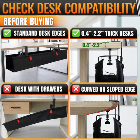 36 Inch Under Desk Cable Management Tray with No Drill Clamp shows compatibility with flat desk edges and thickness between 0.4"-2.2".
