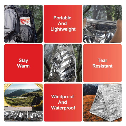 Collage of 9 Pack Emergency Blankets For Outdoor Survival Gear, showing Mylar material, usage in backpack, and setup options.