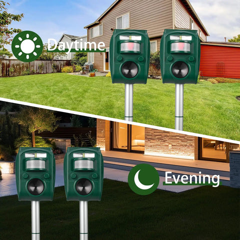Solar Ultrasonic Animal Repellent For Outdoor Use With Dual Sonic Pulse And Flashing LED Defense, Humane Cat, Dog, Deer, Rabbit, Squirrel, And Raccoon Deterrent, No Traps, 2 Pack, Weatherproof And Easy Setup, two units in yard day and night