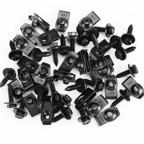 Heavy Duty Fifty Piece Quarter Inch Automotive Body Bolt And U Nut Clip Fastener Kit featuring black steel bolts and clips.
