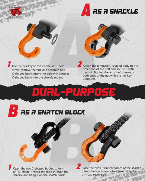 D Ring Separate Shackle With Snatch Block Three Quarter Inch Beefy Heavy Duty Tow Winch Pulley For Off Road Recovery Truck ATV UTV showing dual-use setup