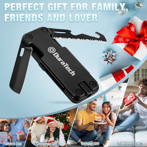 Go-To 16 In 1 Multitool Knife For Outdoors And EDC with black handle and open saw blade, perfect gift idea in festive setting.