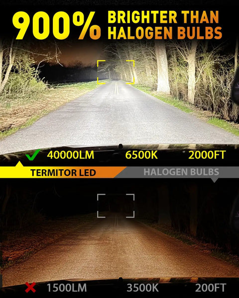 Comparison of road visibility using H7 Fog Light Bulbs Pack of 2, Crazy Bright 40,000LM, 6500K Cool White vs halogen bulbs.