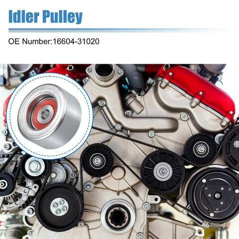 Idler pulley, metal drive-belt component with red seal; inset close-up view