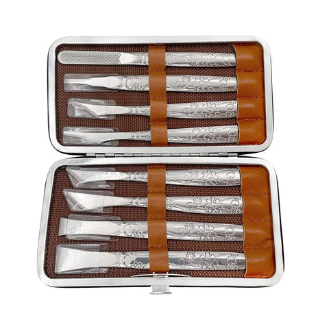 Open case showing 8 Piece Leather Cutting Tool Set With Sharp Skiving Blades And Comfortable Handles For Leatherworking Pros Durable