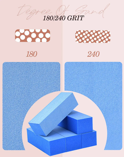 Pro Grade Nail Buffer Blocks 180 240 Fine Grit with blue 3-way buffing blocks, 5 count, showing grit texture and durability.