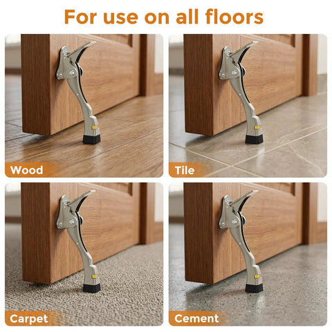 Kickdown Door Stoppers Bottom Mount Foot Pedal Latch Keeps Doors Wide Open on wood, tile, carpet, cement for hands-free operation.